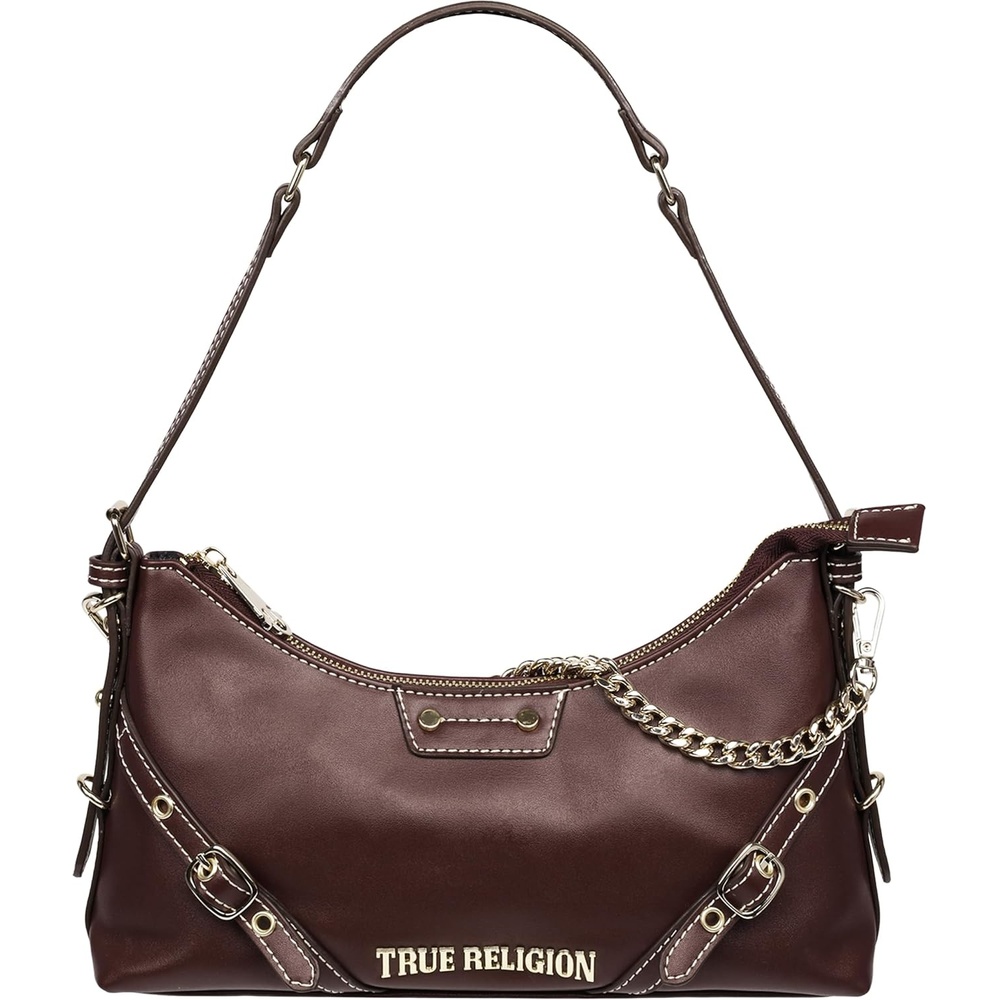 imageTrue Religion Shoulder Bag Smooth Belted Purse with Chain Handle Adjustable Strap and Gold HardwareWine