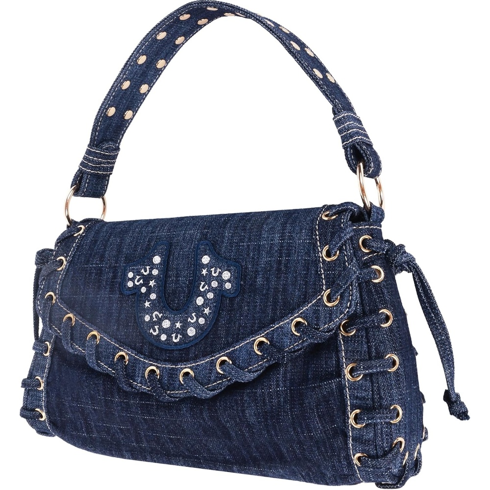 imageTrue Religion Studded Horseshoe Eyelet Denim Flap Bag Crossbody Shoulder Handbag with Logo and Stud Details Dark Denim