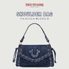 True Religion Studded Horseshoe Eyelet Denim Flap Bag, Crossbody Shoulder Handbag with Logo and Stud Details, Dark Denim