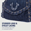True Religion Studded Horseshoe Eyelet Denim Flap Bag, Crossbody Shoulder Handbag with Logo and Stud Details, Dark Denim