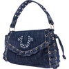 True Religion Studded Horseshoe Eyelet Denim Flap Bag, Crossbody Shoulder Handbag with Logo and Stud Details, Dark Denim
