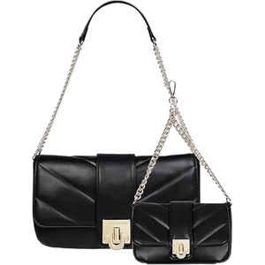 True Religion Shoulder Bag, Quilted Flap Purse with Logo Clasp, Gold Chain Straps and Matching Mini Bag, Black