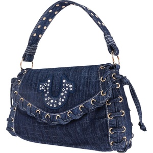 True Religion Studded Horseshoe Eyelet Denim Flap Bag, Crossbody Shoulder Handbag with Logo and Stud Details, Dark Denim