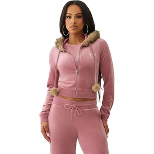 True Religion Women’s Velour Crystal Shrunken Zip Hoodie | Hoodies for Women | Zip Up Hoodie Women | Cropped Hoodie(Nostalgia Rose)