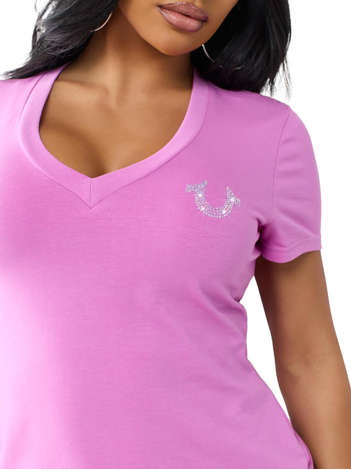 image:imageTrue Religion Womens Heritage Classic V Neck Tee Soft Cotton Blend T Shirt Stretch Fabric Flattering FitSpring Crocus