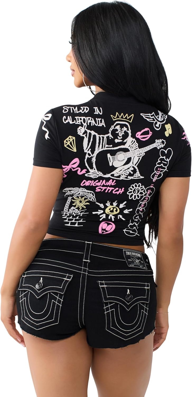 image:imageTrue Religion Womens Sketched AOP Logo Baby Tee Soft Cotton Blend Stretch Fabric Flattering FitJet Black