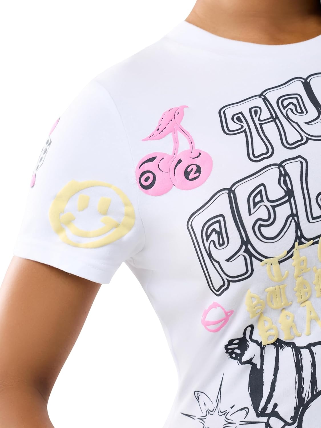 image:imageTrue Religion Womens Sketched AOP Logo Baby Tee Soft Cotton Blend Stretch Fabric Flattering FitOptic White