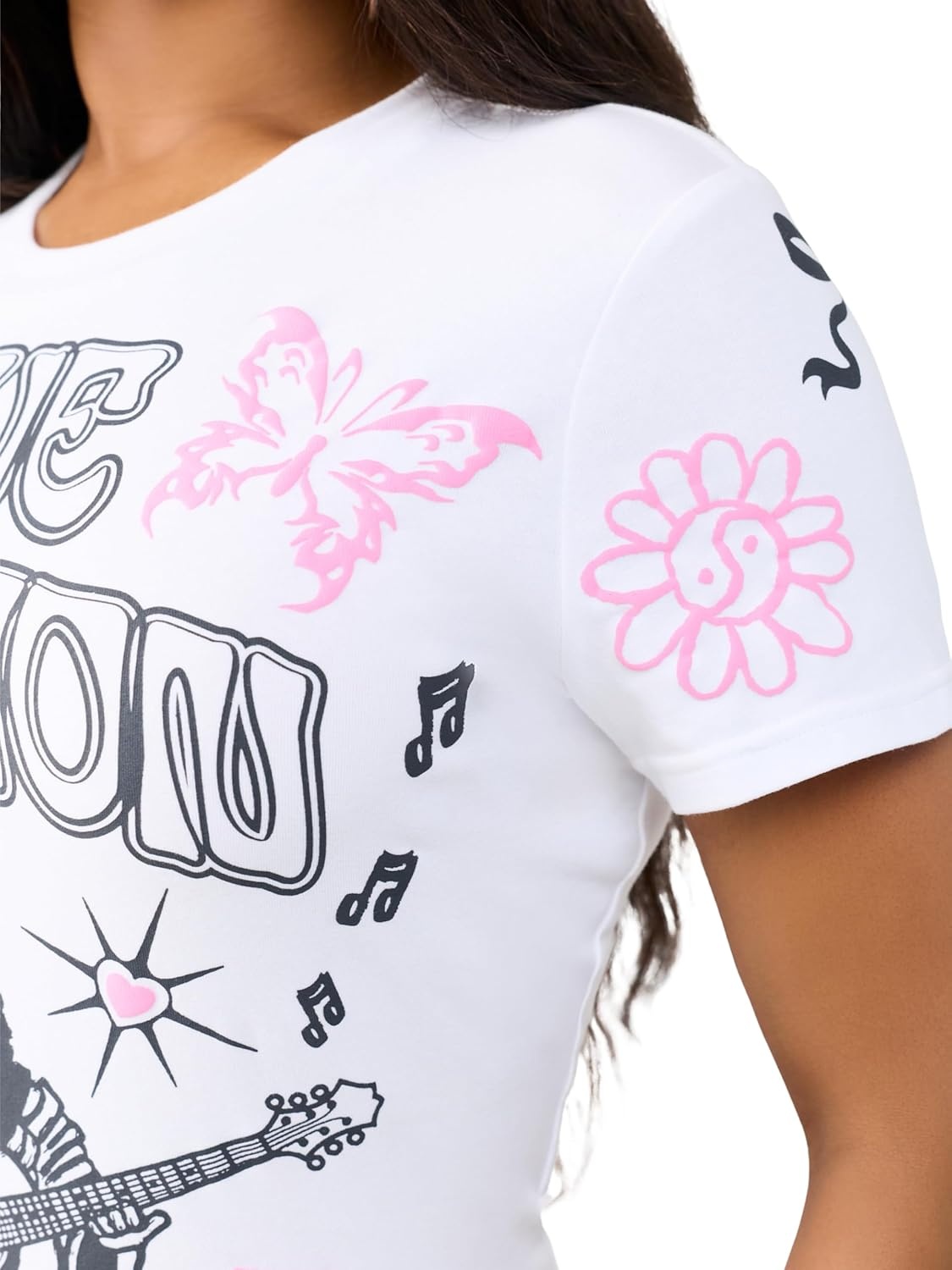 image:imageTrue Religion Womens Sketched AOP Logo Baby Tee Soft Cotton Blend Stretch Fabric Flattering FitOptic White