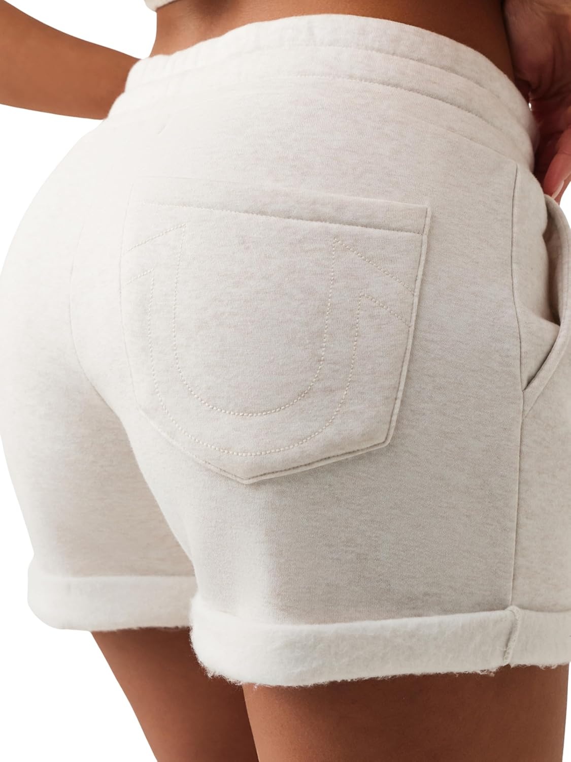 image:imageTrue Religion Womens Sporty Foldover Patch Shorts Cotton Blend Comfortable Fit Soft FeelHeather Oatmeal