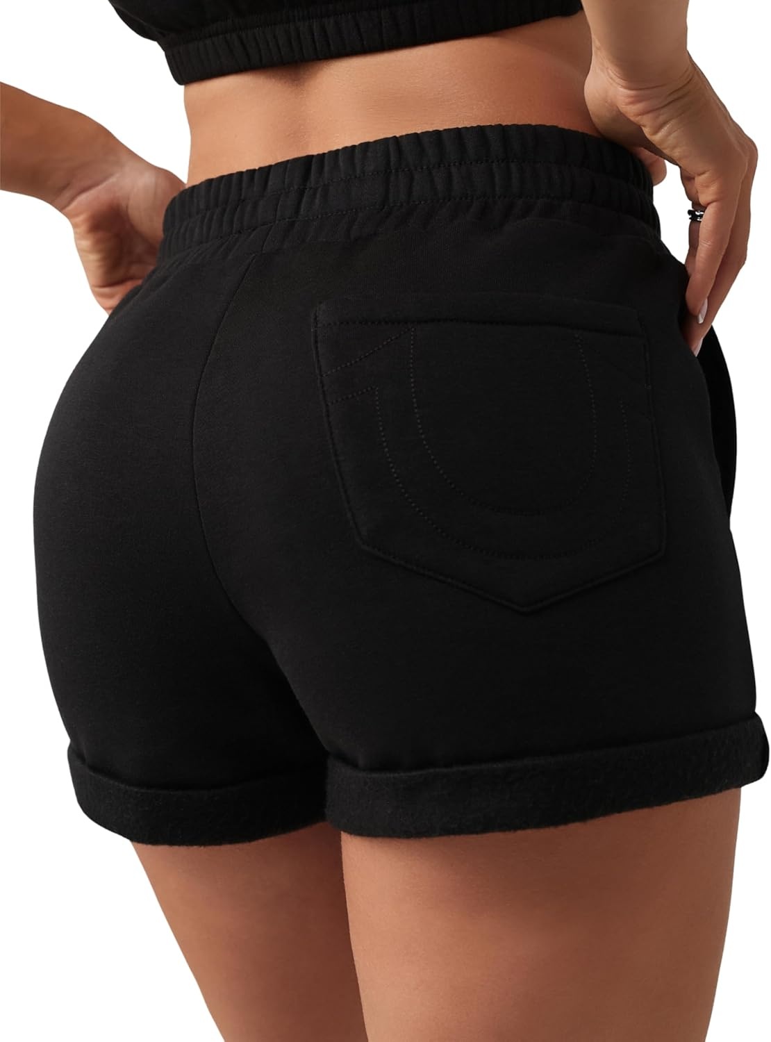 image:imageTrue Religion Womens Sporty Foldover Patch Shorts Cotton Blend Comfortable Fit Soft FeelJet Black