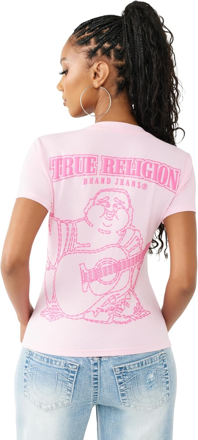image:imageTrue Religion Womens Super T Buddha Classic V Neck Tee Soft Cotton Blend T Shirt Comfortable Fit Flattering StyleOrchid Pink