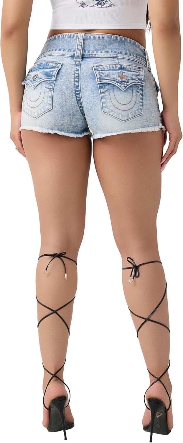 image:imageTrue Religion Womens Wide Belt Joey Low Rise Shorts with Flaps Cotton Blend Stretch Fabric Womens Jean ShortsFreckle Wave