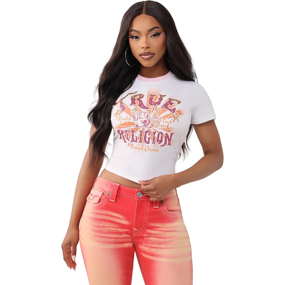 image:imageTrue Religion Womens Crystal Heritage Baby Tee Soft Cotton T Shirt Comfortable Fit Flattering StyleOptic White