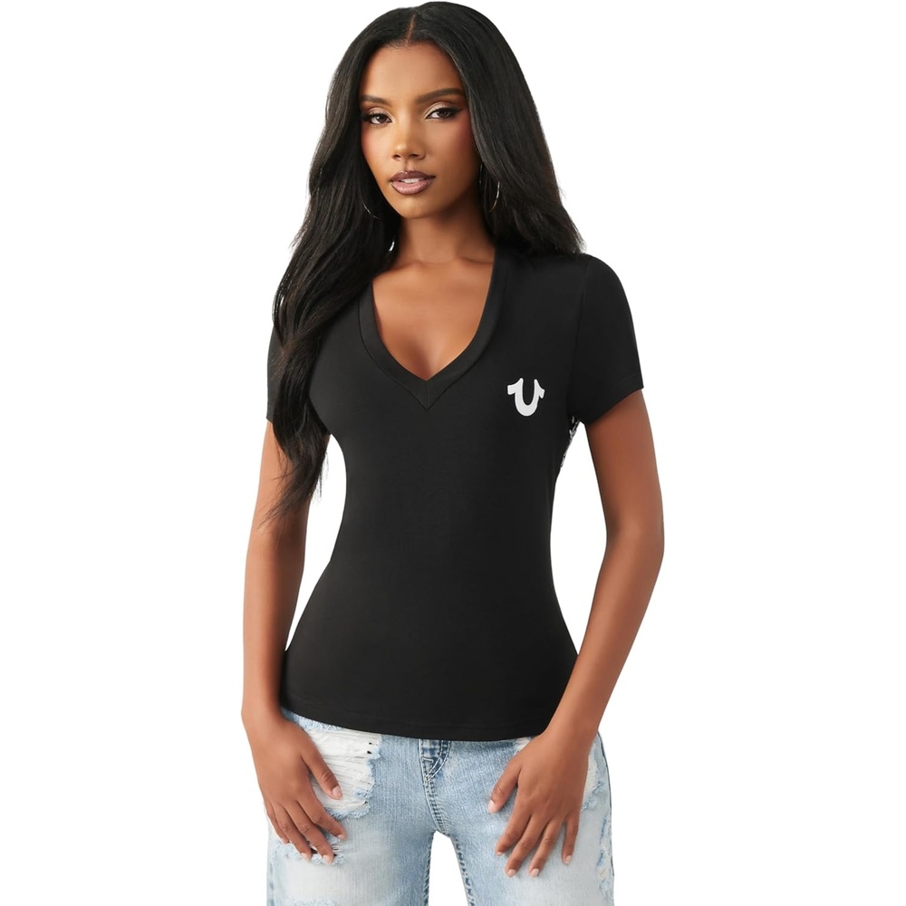 image:imageTrue Religion Womens Super T Buddha Classic V Neck Tee Soft Cotton Blend T Shirt Comfortable Fit Flattering StyleJet Black