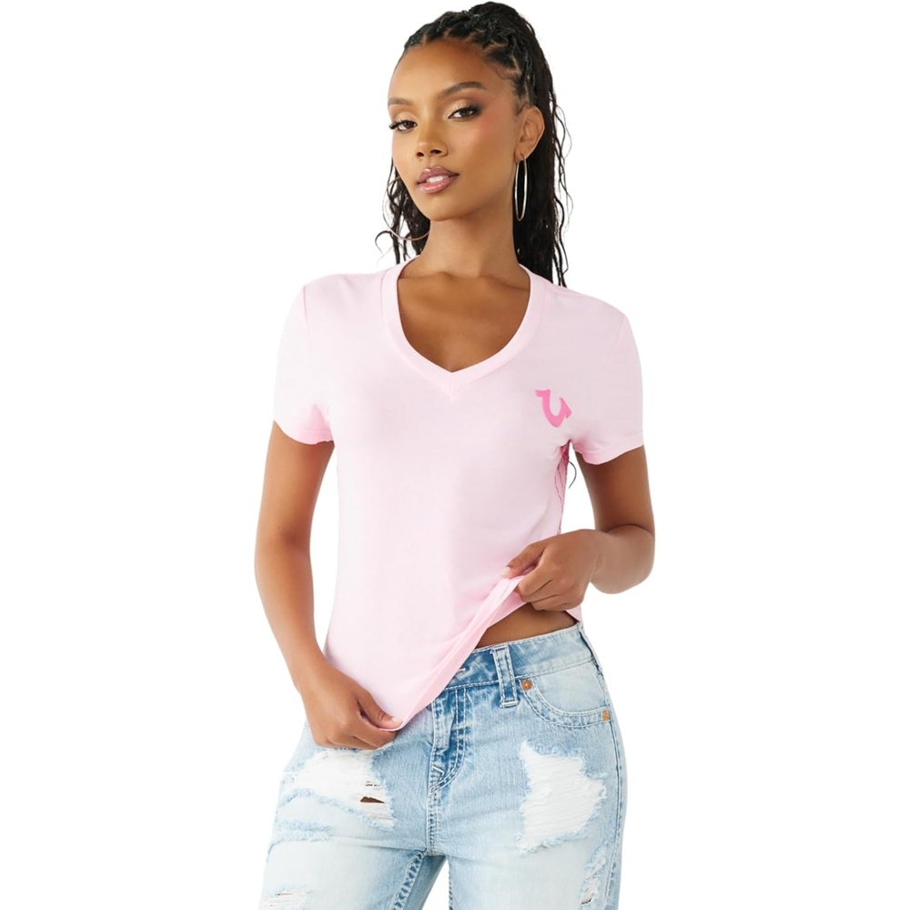 image:imageTrue Religion Womens Super T Buddha Classic V Neck Tee Soft Cotton Blend T Shirt Comfortable Fit Flattering StyleOrchid Pink