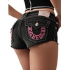 True Religion Women’s Spicy Mid Rise Short with Flaps – Cotton Blend, Stretch Fabric, Women’s Jean Shorts(Thunder Bloom)