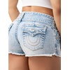 True Religion Women’s Wide Belt Joey Low Rise Shorts with Flaps – Cotton Blend, Stretch Fabric, Women’s Jean Shorts(Freckle Wave)