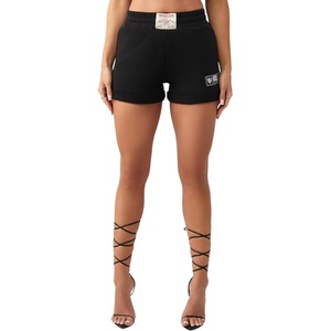 True Religion Women’s Sporty Foldover Patch Shorts – Cotton Blend, Comfortable Fit, Soft Feel(Jet Black)