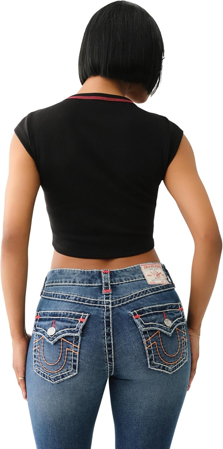 image:imageTrue Religion Womens Buddha V Notch Baby Tee Ribbed Knit Cropped Top with Puff Print Logo amp Contrast StitchingJet Black