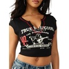 True Religion Women’s Buddha V Notch Baby Tee – Ribbed Knit Cropped Top with Puff Print Logo & Contrast Stitching(Jet Black)
