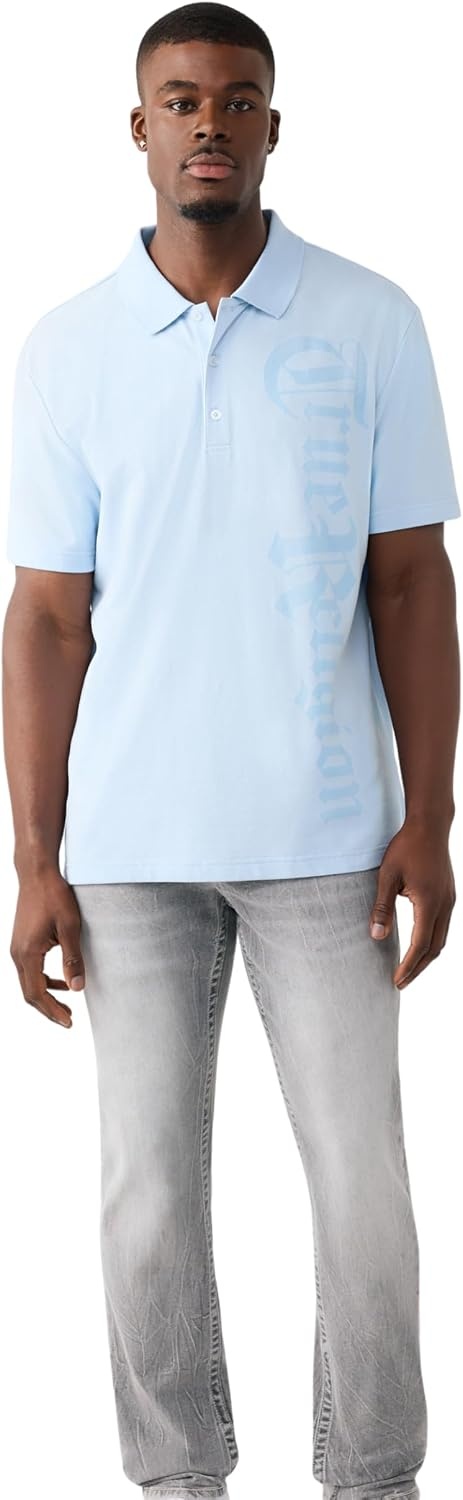 image:imageTrue Religion Mens Old English TR Pique Polo 100 Cotton Comfortable Fit Lightweight FeelBlue Bell