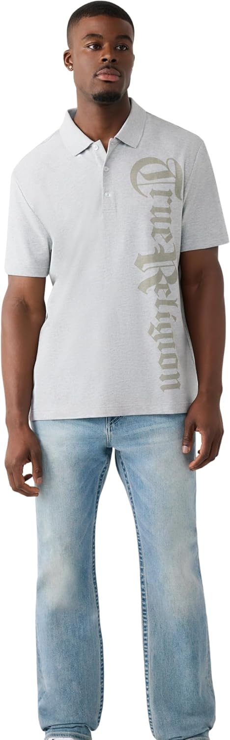 image:imageTrue Religion Mens Old English TR Pique Polo 100 Cotton Comfortable Fit Lightweight FeelHeather Grey