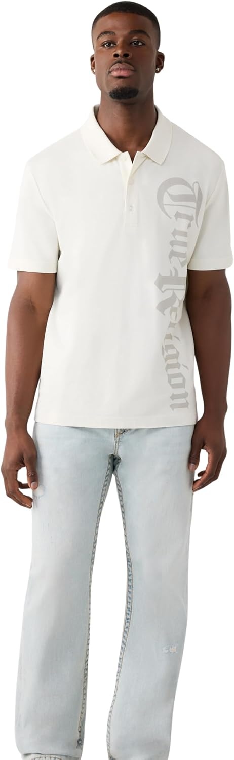 image:imageTrue Religion Mens Old English TR Pique Polo 100 Cotton Comfortable Fit Lightweight FeelWinter White