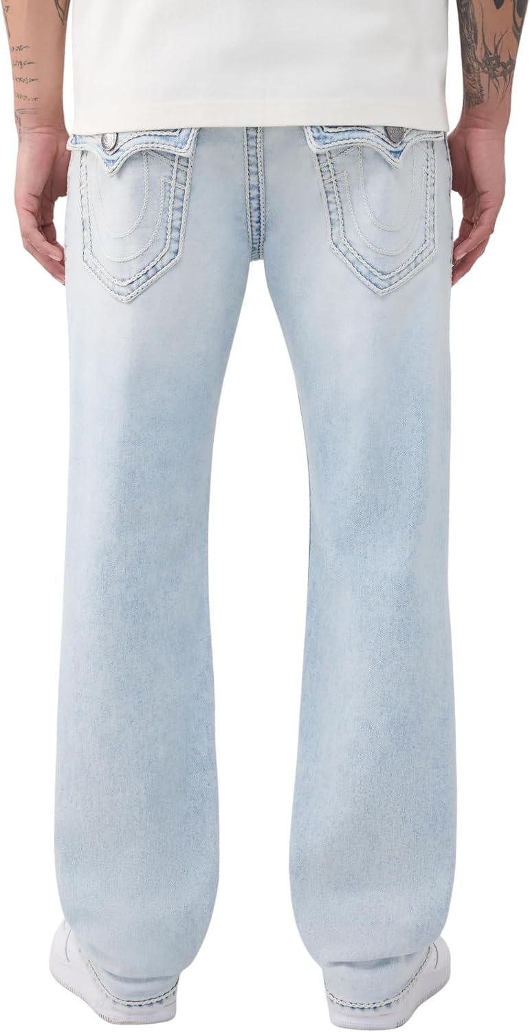 image:imageTrue Religion Mens Ricky Ropestitch Flap 34 in Jeans Premium Denim Stretch Fabric ClaShort Sleeveic FitCoastline Ash Light Wash