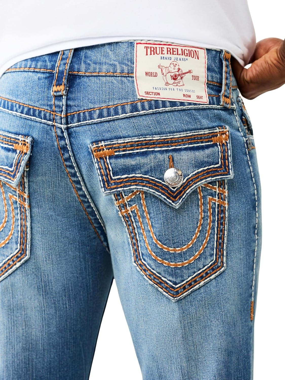 image:imageTrue Religion Mens Ricky Super T Rope Flap 34 in Jeans Stretch Denim Bootcut Fit DurableCourt Crash Medium Wash