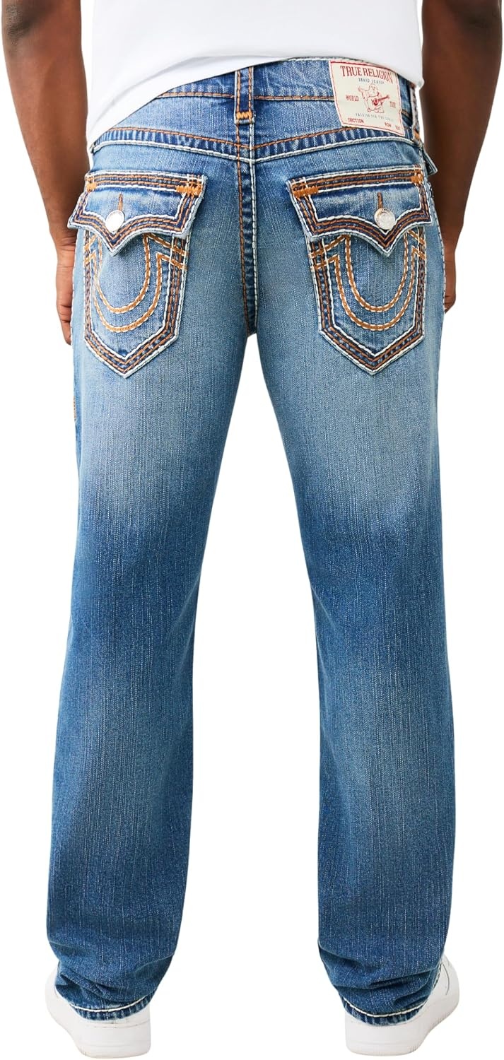 image:imageTrue Religion Mens Ricky Super T Rope Flap 34 in Jeans Stretch Denim Bootcut Fit DurableCourt Crash Medium Wash