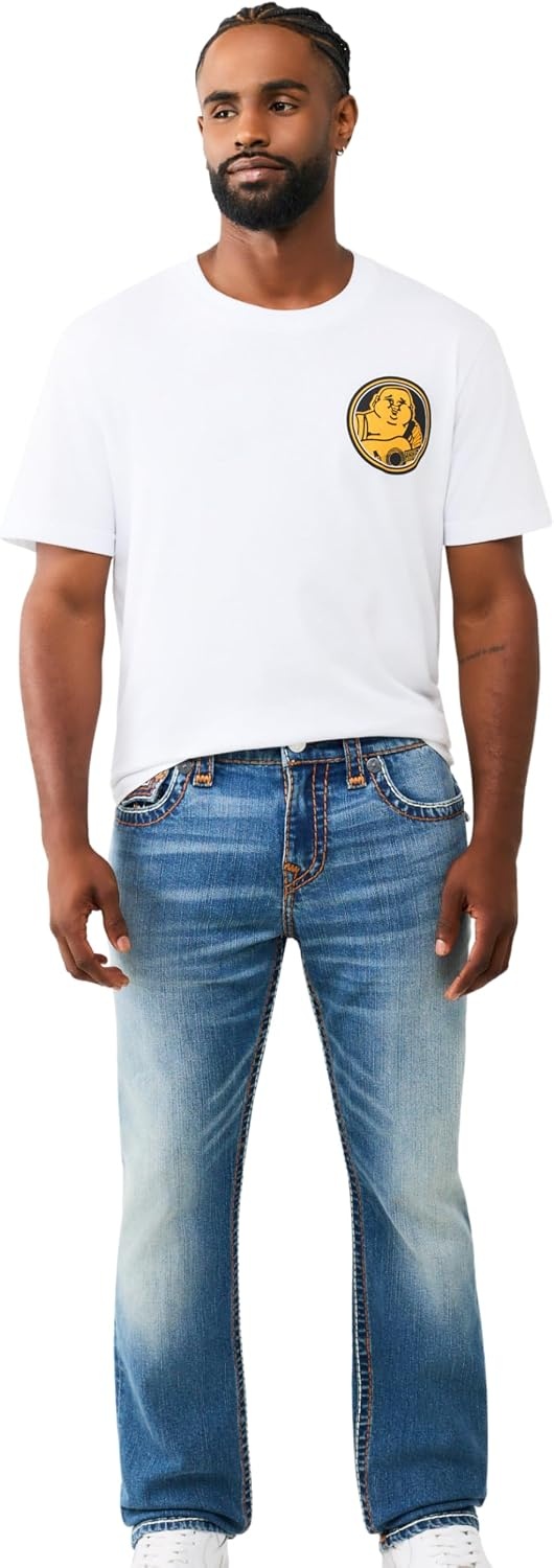 image:imageTrue Religion Mens Ricky Super T Rope Flap 34 in Jeans Stretch Denim Bootcut Fit DurableCourt Crash Medium Wash