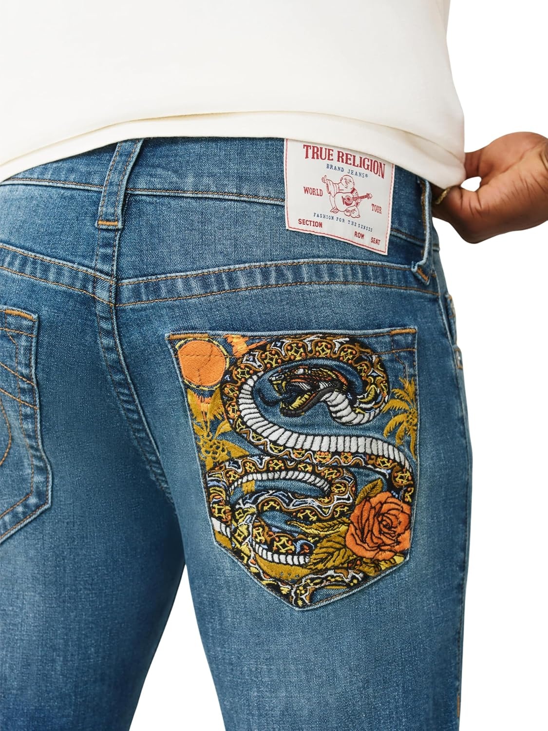 image:imageTrue Religion Mens Ricky Super T Stitch Straight Jean Clean Denim Wash Oversized Hardware Horseshoe Detailing