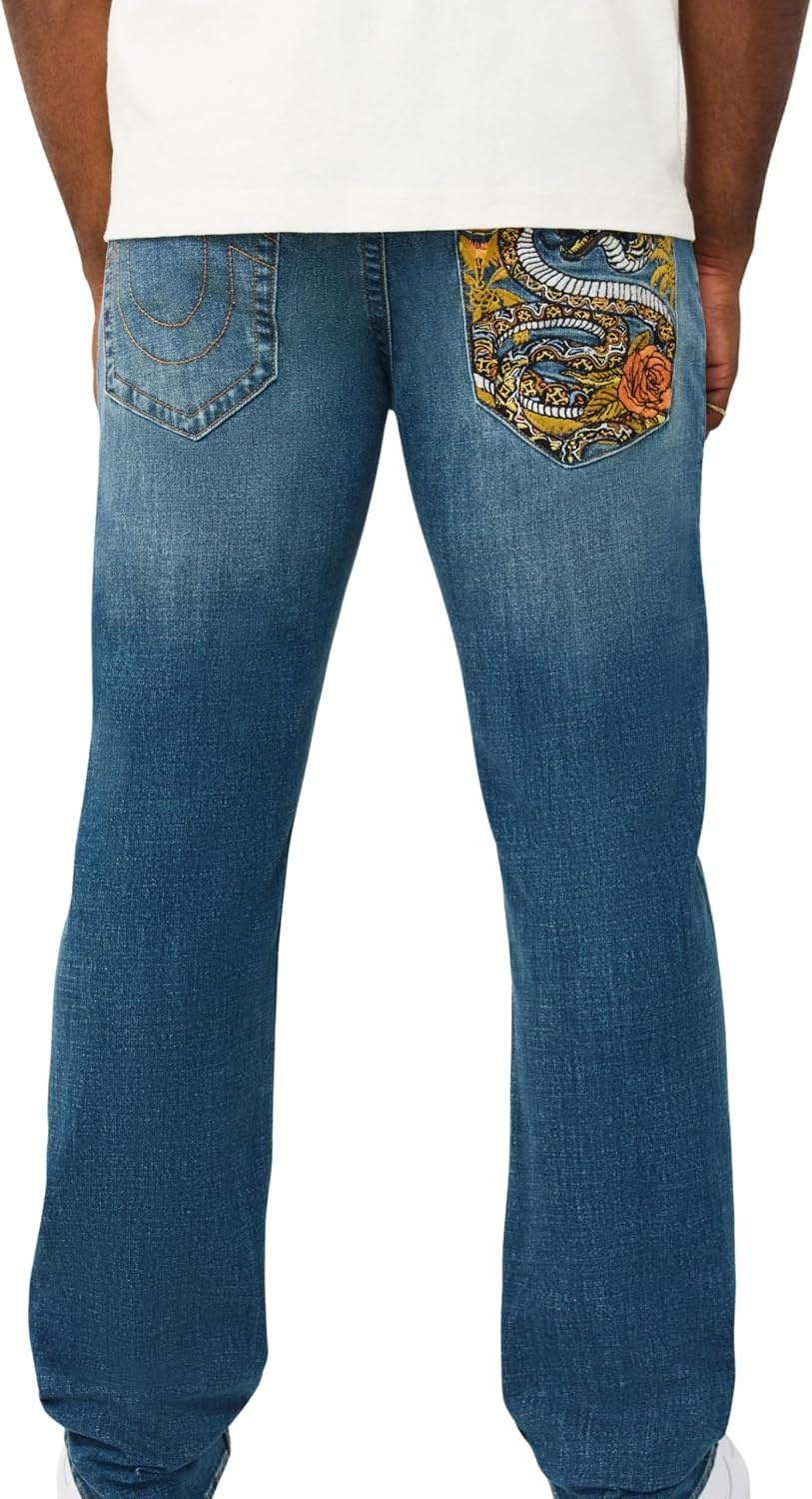 image:imageTrue Religion Mens Ricky Super T Stitch Straight Jean Clean Denim Wash Oversized Hardware Horseshoe Detailing
