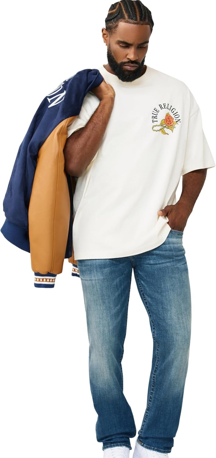 image:imageTrue Religion Mens Ricky Super T Stitch Straight Jean Clean Denim Wash Oversized Hardware Horseshoe Detailing
