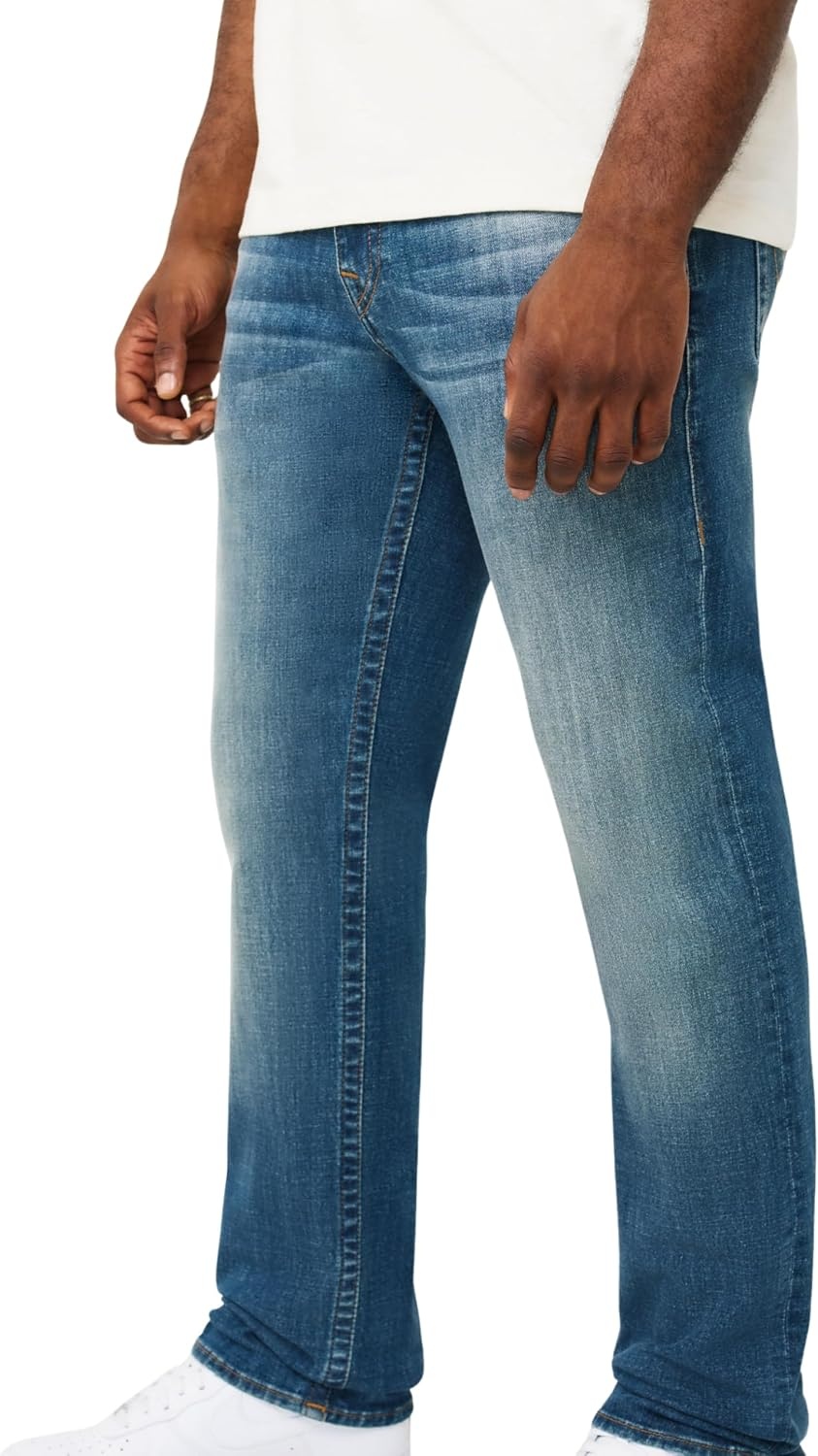 image:imageTrue Religion Mens Ricky Super T Stitch Straight Jean Clean Denim Wash Oversized Hardware Horseshoe Detailing