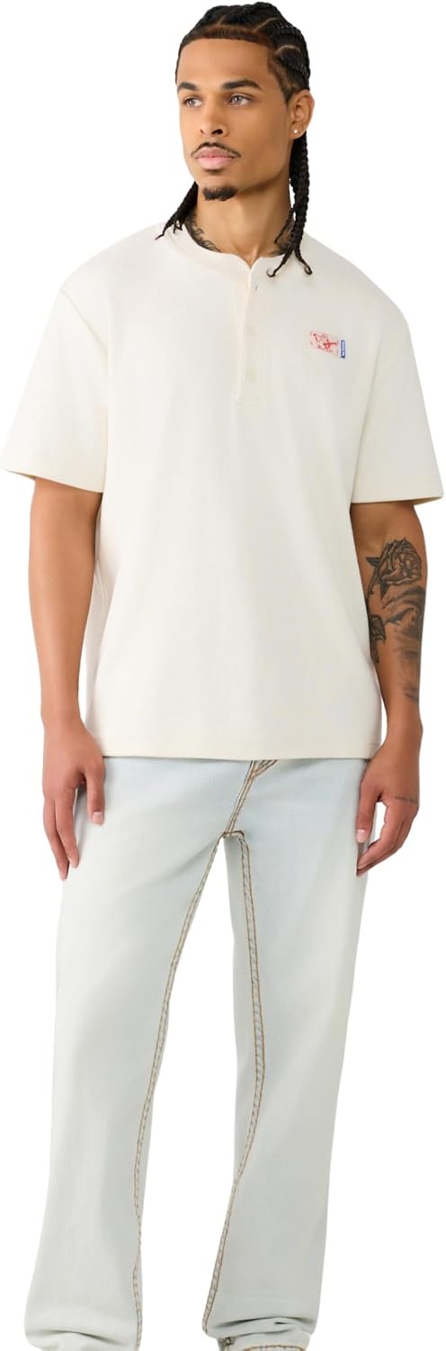 image:imageTrue Religion Mens Short Sleeve Buddha Knit Henley 100 Cotton Lightweight Feel Comfortable FitWinter White