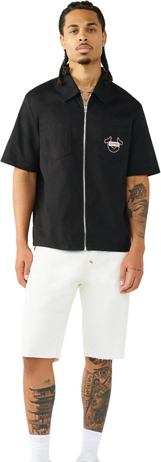 image:imageTrue Religion Mens Short Sleeve Full Zip Buddha Shirt 100 Cotton Short Sleeve Full Zip DesignBlack