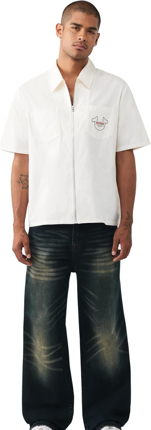 image:imageTrue Religion Mens Short Sleeve Full Zip Buddha Shirt 100 Cotton Short Sleeve Full Zip DesignWinter White