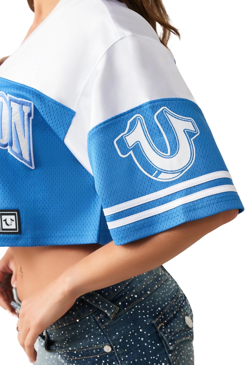 image:imageTrue Religion Womens Crystal Sporty Jersey Shirt 95 Polyester 5 Elastane Soft Stretch Jersey Premium ComfortBlue White