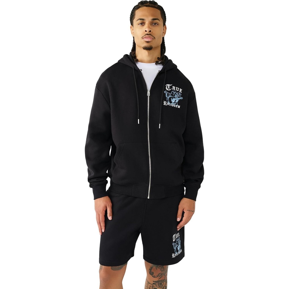 image:imageTrue Religion Mens Logo Zip Hoodie  Cotton Blend Sweatshirt Full Zip Comfortable amp Warm FitJet Black