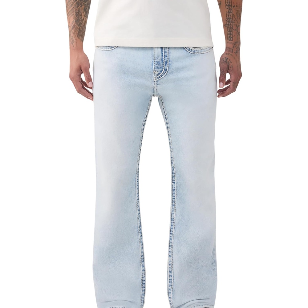 image:imageTrue Religion Mens Ricky Ropestitch Flap 34 in Jeans Premium Denim Stretch Fabric ClaShort Sleeveic FitCoastline Ash Light Wash