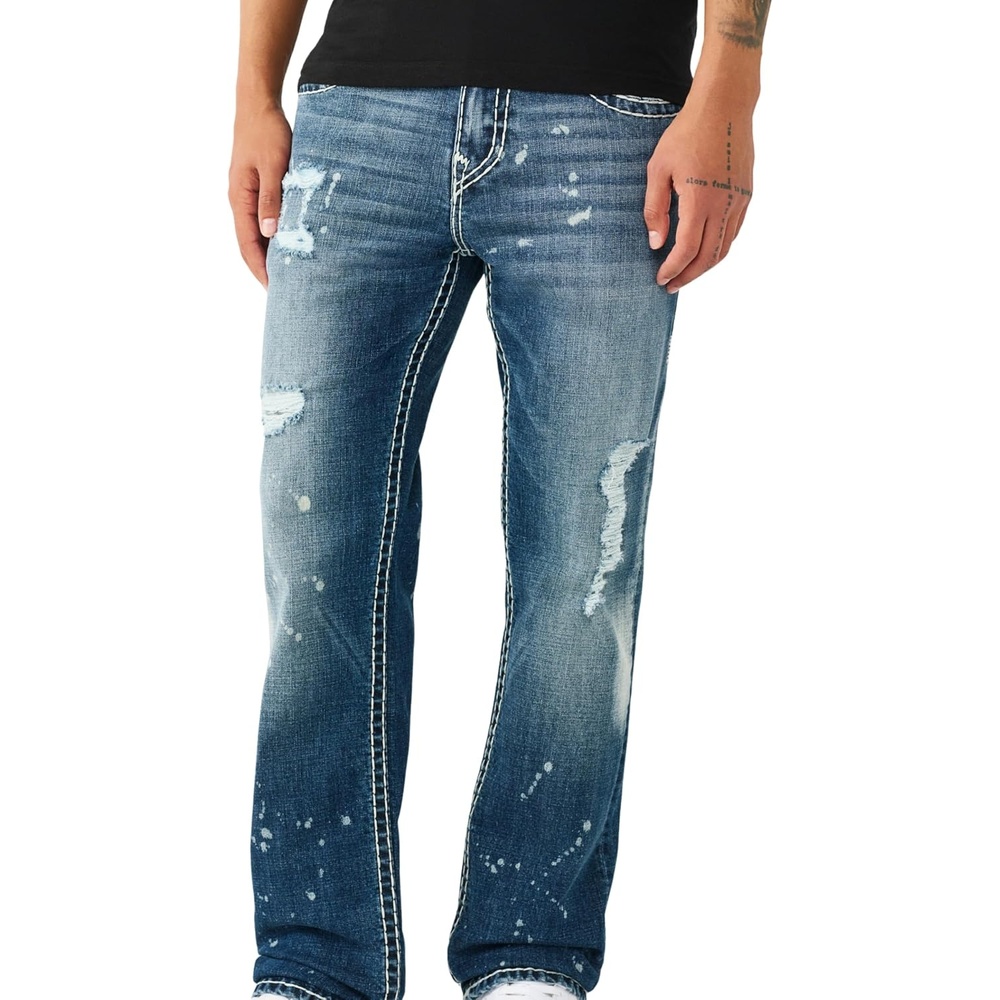 image:imageTrue Religion Mens Ricky Super T Flap 34 in  Premium Stretch Denim Great Fit Durable DesignNocturne Drive Drk Wsh W Rips
