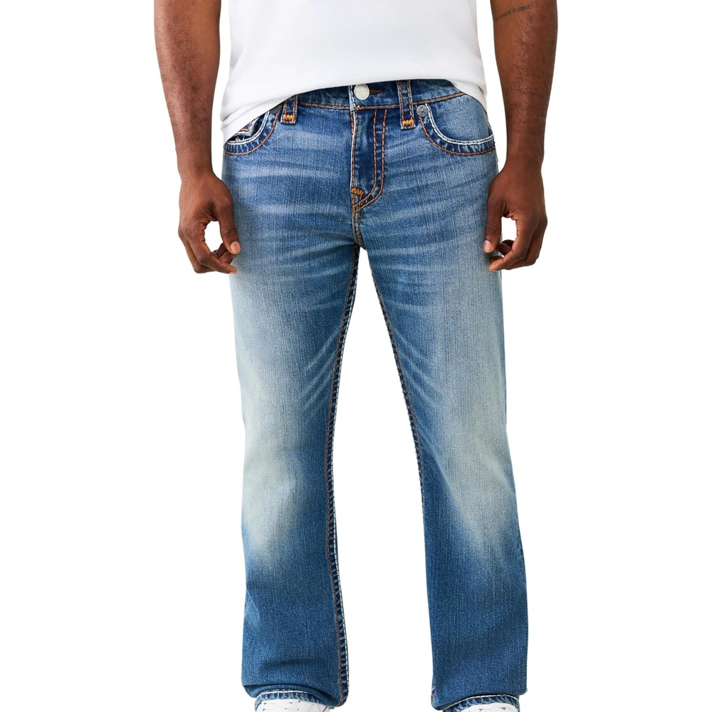 image:imageTrue Religion Mens Ricky Super T Rope Flap 34 in Jeans  Stretch Denim Bootcut Fit DurableCourt Crash Medium Wash