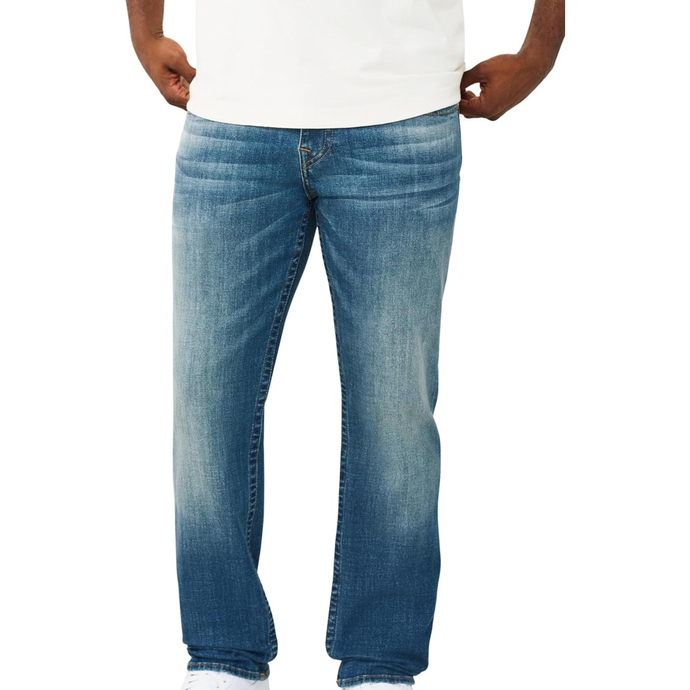 image:imageTrue Religion Mens Ricky Super T Stitch Straight Jean Clean Denim Wash Oversized Hardware Horseshoe Detailing