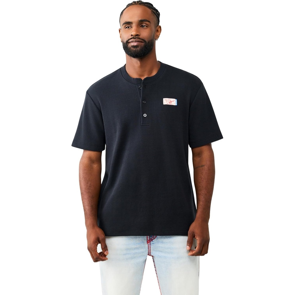 image:imageTrue Religion Mens Short Sleeve Buddha Knit Henley  100 Cotton Lightweight Feel Comfortable FitJet Black
