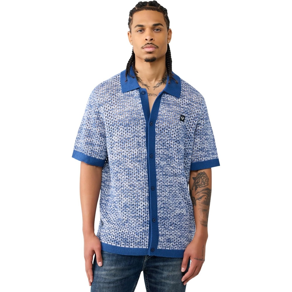 image:imageTrue Religion Mens Short Sleeve Marled Crochet Knit Shirt 100 Cotton Lightweight Feel Comfortable FitPacific