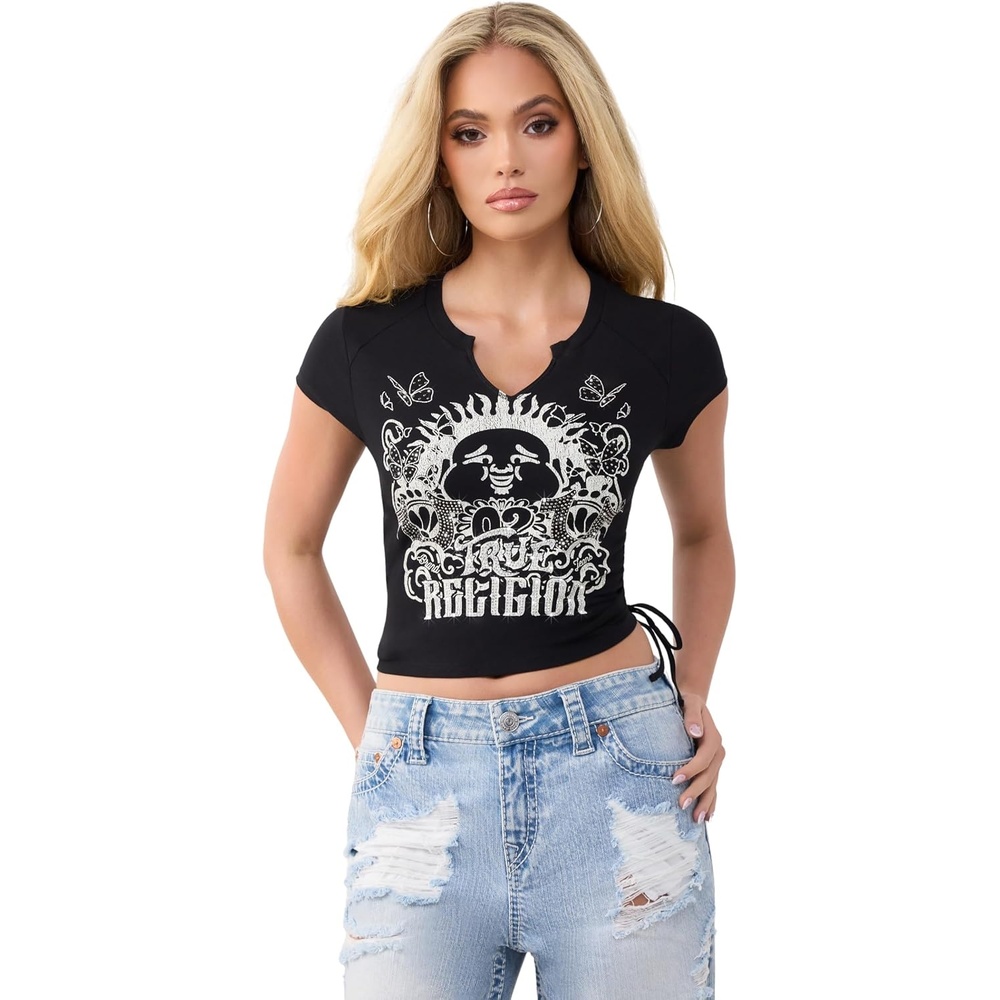 image:imageTrue Religion Womens Raglan Cap Sleeve Side Ruch Shirt Cotton Stretch Fabric Soft Texture Modern FitJet Black