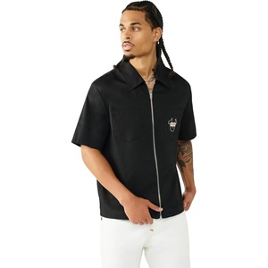 True Religion Men’s Short Sleeve Full Zip Buddha Shirt – 100% Cotton, Short Sleeve, Full Zip Design(Black)