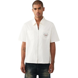 True Religion Men’s Short Sleeve Full Zip Buddha Shirt – 100% Cotton, Short Sleeve, Full Zip Design(Winter White)