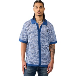 True Religion Men’s Short Sleeve Marled Crochet Knit Shirt – 100% Cotton, Lightweight Feel, Comfortable Fit(Pacific)